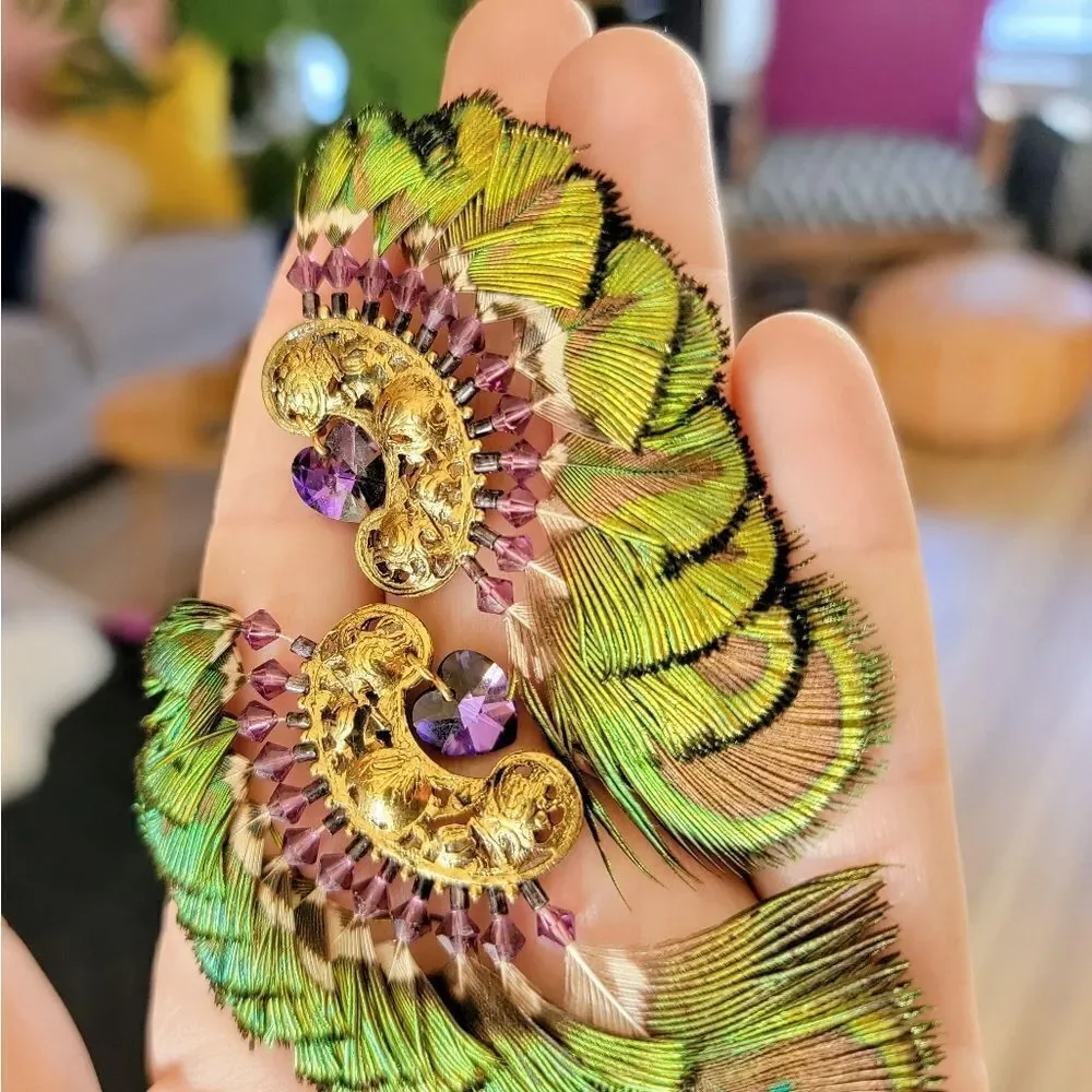 Artisan Filgree Ashlock Peacock Feather Amethyst 23k Gold Plated Earrings